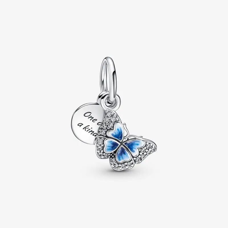 

100% 925 Silver Fit Pandora Charms Bracelets Blue Butterfly & Quote Double Dangle Charm Women Jewelry 2022 New Spring