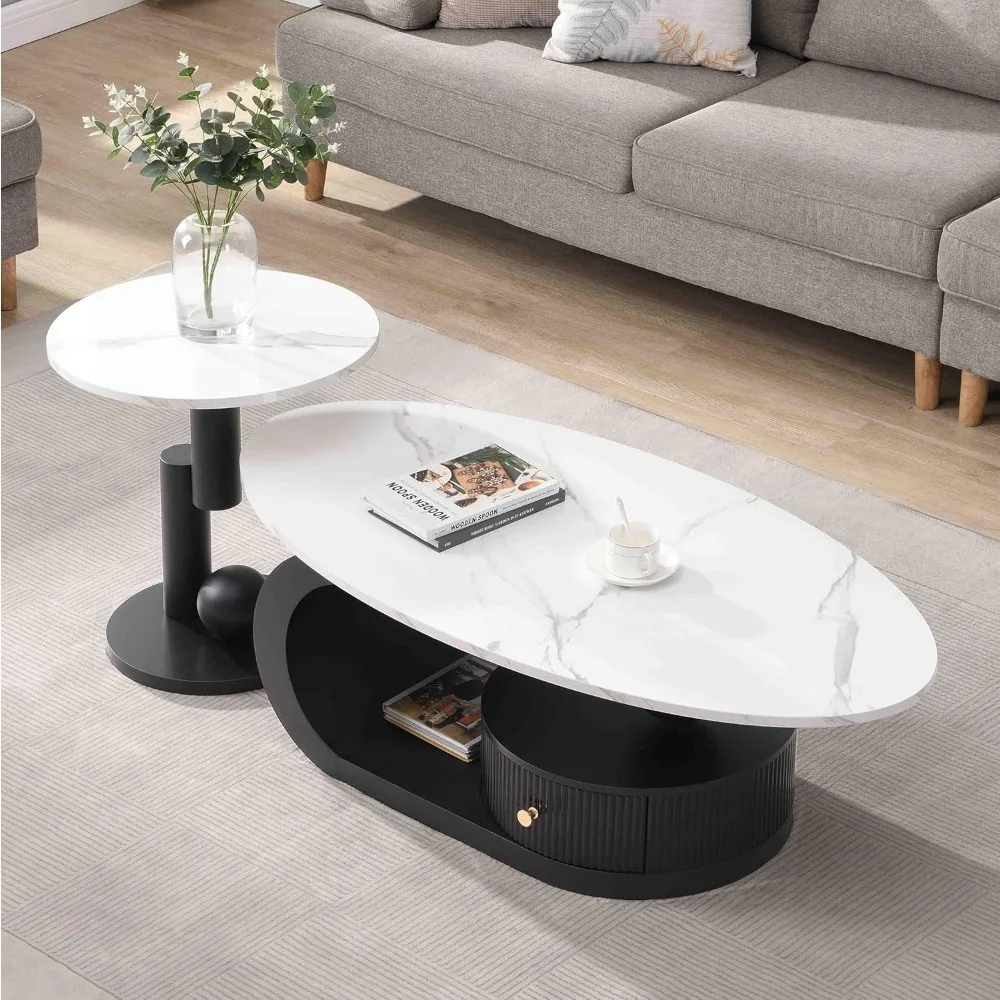 2-Piece Modern Oval Decorative Coffee Table with White Faux Marble Top and Black Metal Base and 1 Drawer, Coffee Table 3