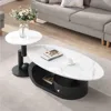 2-Piece Modern Oval Decorative Coffee Table with White Faux Marble Top and Black Metal Base and 1 Drawer, Coffee Table 3