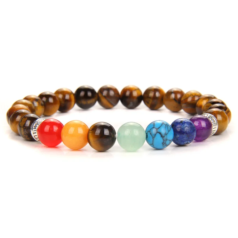 Pulsera de piedra de ojo de tigre Natural para hombres y mujeres, brazalete elástico de siete chakras, pulsera de cuentas de piedra marrón, joyería de Yoga de mediación, regalo