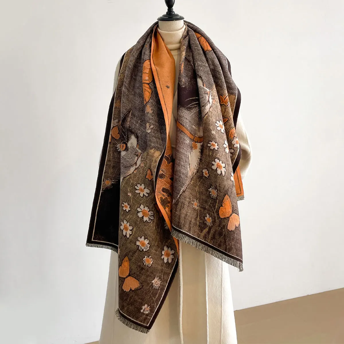 2025 Elegant Cute Cat Painting Cashmere Scarf for Women Warm Winter Pashmina Shawl Foulard Femme Blanket Scarves Wraps