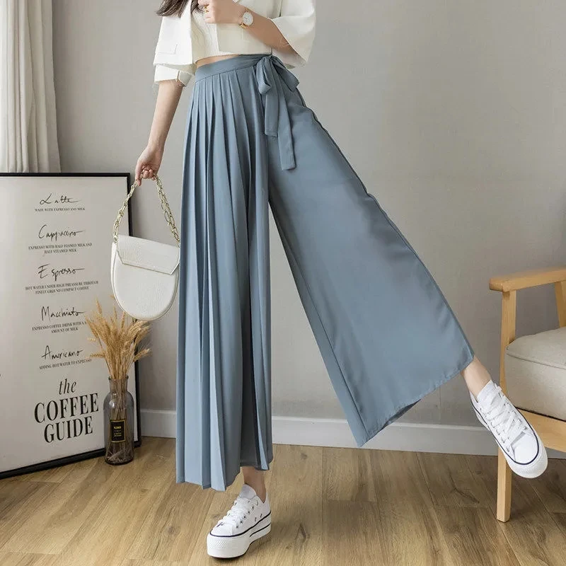 2022 Spring Summer Pants Skirt Women Solid Elastic Waist Pleated Wide Leg Pants Korean Fashion Lace Up Chiffon Baggy Trousers