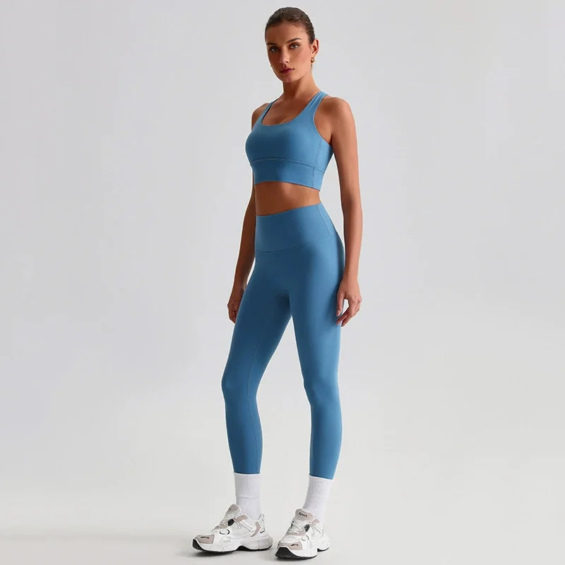 Naked Feel Yoga Set Women Fitness Sportswear 2 Piece Strappy Sports Bra High Waist Gym Leggings Workout Outfit Active Wear sports bra set gym workout set yoga pants set yoga set fitness set sportswear set sports set