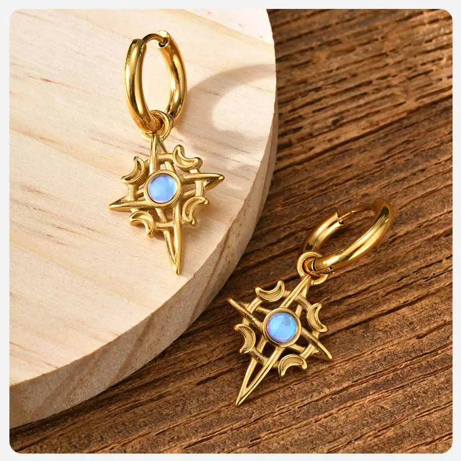 Vnox Unisex-Ohrringe für durchbohrte Ohren, Schmuck, Geschenk, Edelstahl, Mond, vierzackiger Stern, Mondstein, Creolen für Männer und Frauen – Detail 5