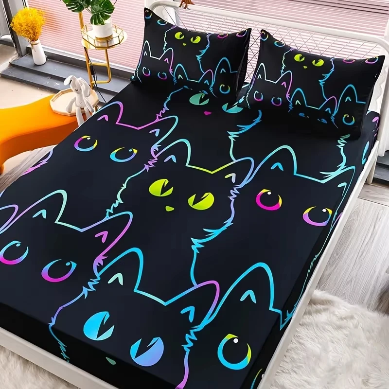 3D Cute Cat Fitted Sheet Set Dustproof Non-slip All Season Mattress Protector Soft Breathable Bedding Set With Deep Pocket 4