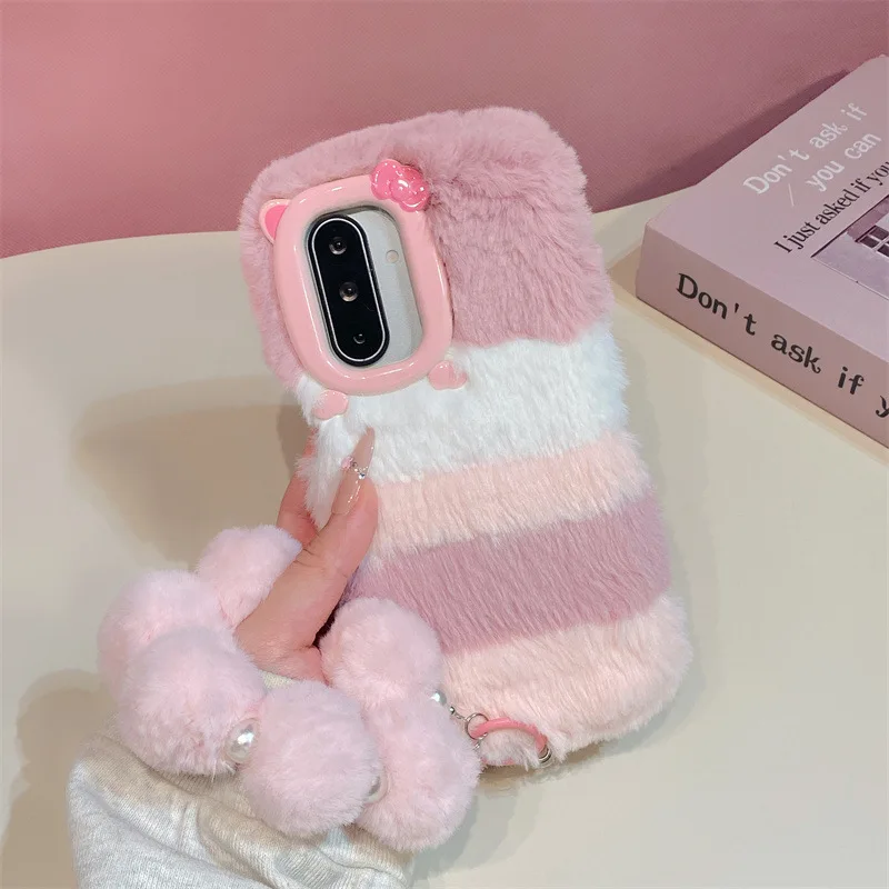 Luxury Splicing Furry Plush Phone Case with Lanyard - Shockproof Protective Cover