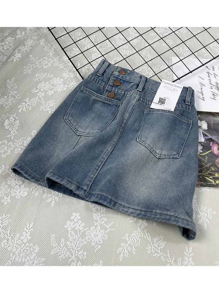 

Женская джинсовая юбка с завышенной талией, синяя трапециевидная мини-юбка из денима в винтажном стиле Харадзюку, одежда в Корейском стиле, Y2k, лето 2023