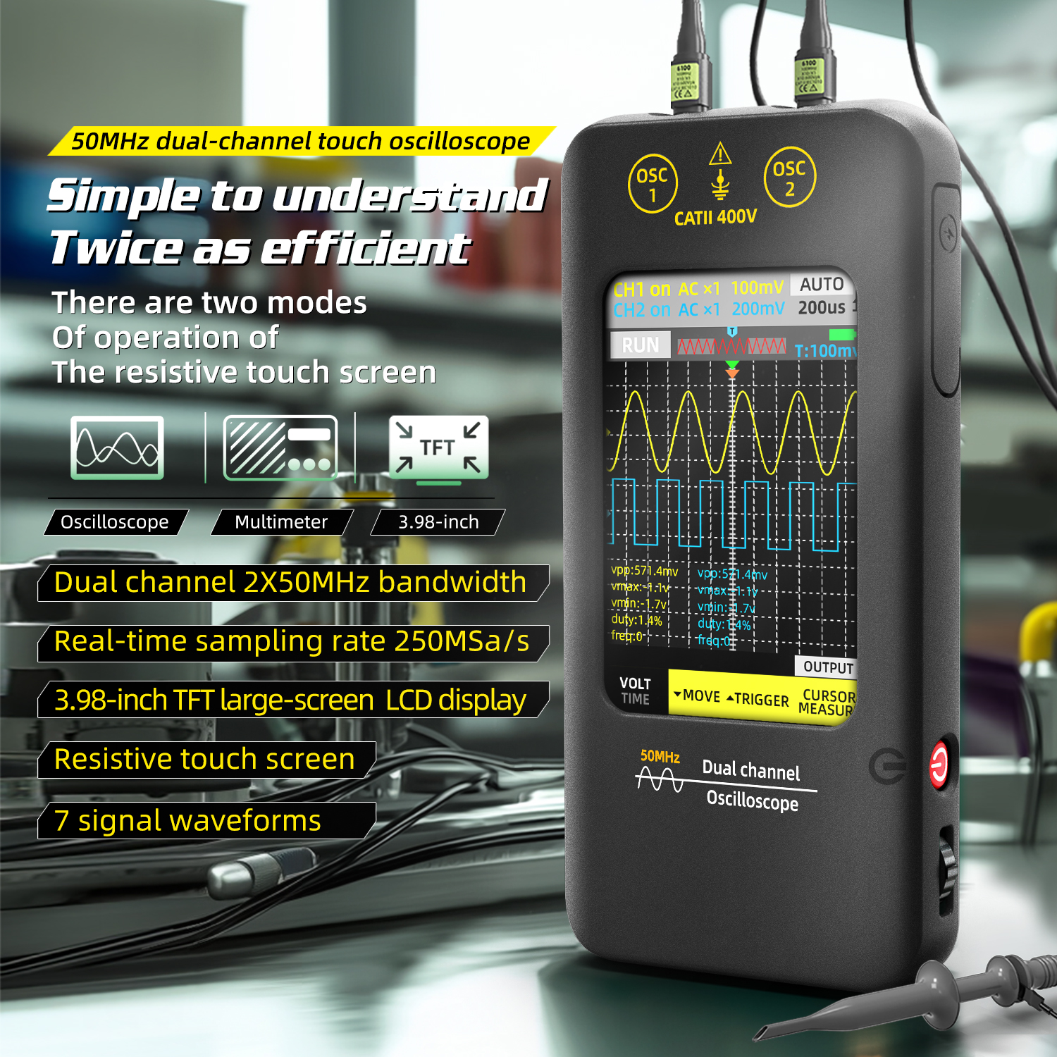 BSIDE O2 Touch Screen Digital Oscilloscope+Signal Generator Dual Channel Bandwidth :50Mhz Sampling rate :250MSa/s 3.98 inch TFT