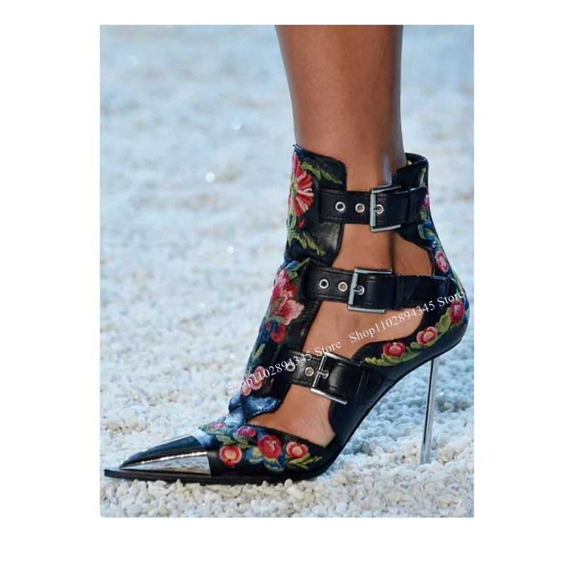 

Black Print Buckle Decor Sandals Iron Heel Pointed Toe Fashionable Sexy Novel Style 2023 Summer Woman Shoes Zapatillas Mujer