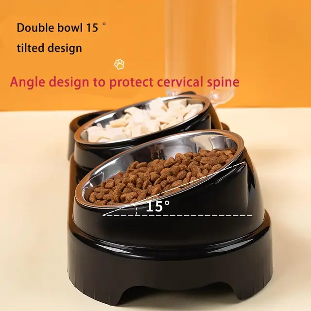 Cat Bowl Slanted Mouth Dog Bowl Cat Rice Bowl Double Bowl Stainless Steel Automatic Refilling Pet Bowl Three In One Drinking Fee 2