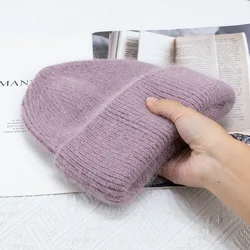 Women's Thickened Rabbit Fur Knit Beanie - Soft, Warm Winter Hat - 56 - 60cm (Light purple)
