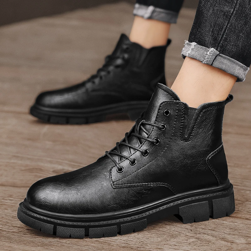 

Trend Men Boots lace up Sneakers Outdoor Fashion High Top Shoes Men Casual Leather Street Style cotton warm Ankle Boots Men