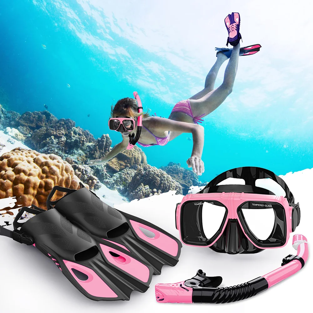 Diving Mask Fin Snorkel Set for Adult Panoramic View Snorkel Mask Adjustable Dive Flipper Dry Top and Travel Bag snorkeling diving mask,diving mask,snorkel set