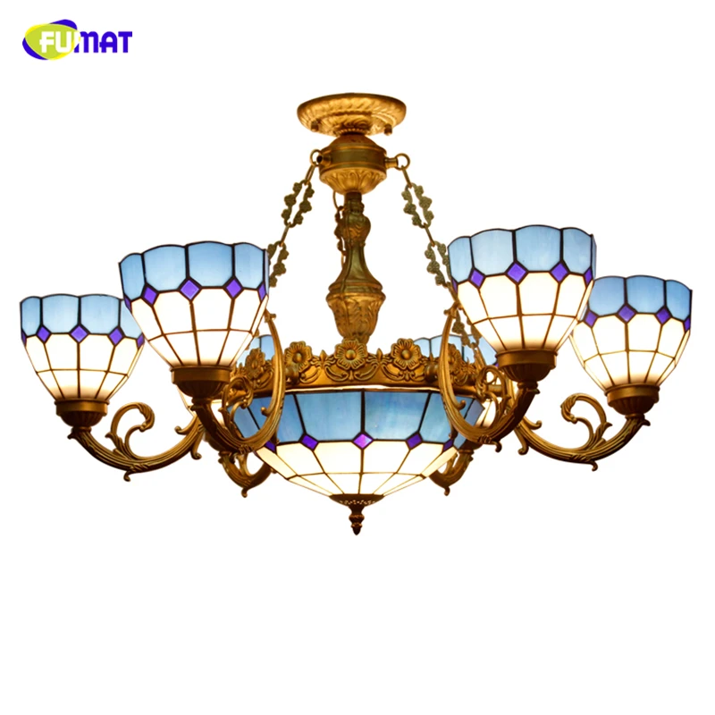 

FUMAT Blue Shade Glass Lampshade Chandeliers Tiffany Stained Glass Lamps For Living Room European Mediterranean Style Lights