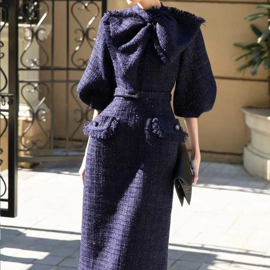 Navy Blue Tweed Dress Women Vintage Autumn Winter Puff Sleeve Elegant  Bodycon Dress Female High Waisted Runway Design Clothing - AliExpress