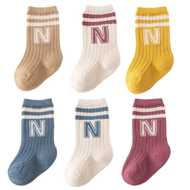 5/6pairs Cotton Letter Infant Boys Socks High Quality Breathable Casual Baby Boys Mid Tube Socks Children's Boys White Socks Kit 6