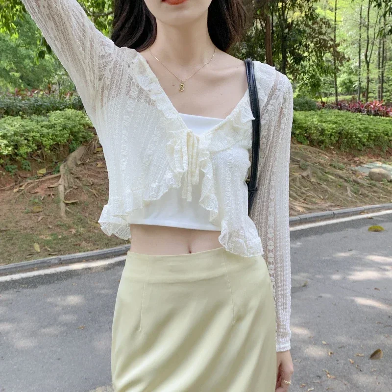 여성용 여름 자외선 차단 코트, 레이스 활 러플 가디건 셔츠, 여성용 블라우스 탑 커버, 화이트 Y2K 한국 셔츠