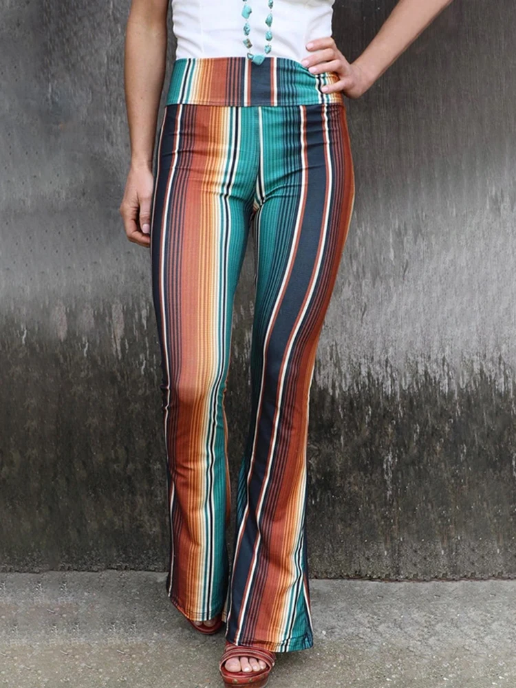 

Elasticity Soft High Waist New Fashion Colorful Stripe Print Sexy Flare Pants Casual Wide Leg Trousers Yoga Workout Tights
