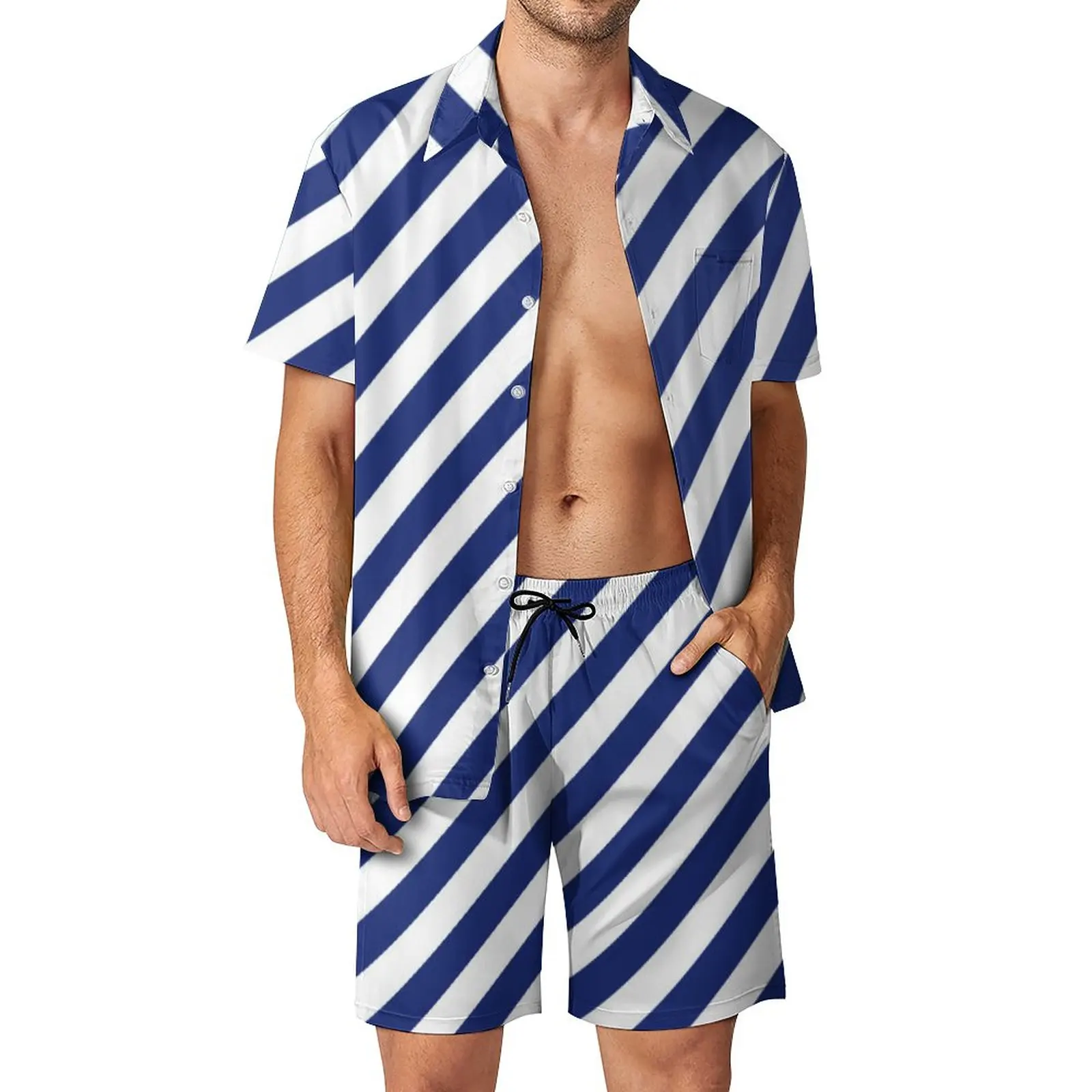 

Navy Blue White Nautical Men Sets Diagonal Stripes Cool Casual Shirt Set Short Sleeves Pattern Shorts Vacation Suit Plus Size