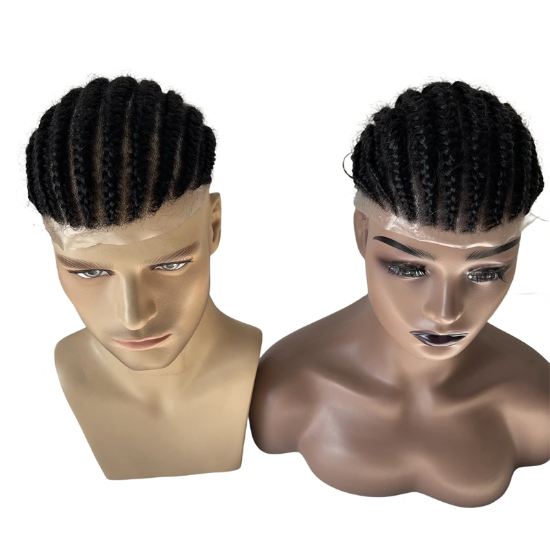 Vietnamese Virgin Human Hair Systems 1# Jet Black Cornrow Braids 8x10 Full PU Toupee Skin Unit for Black Men