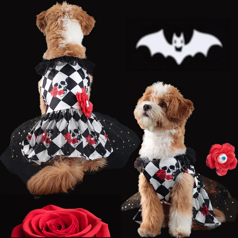 Robe Halloween Damier Noir et Blanc Squelette avec Fleurs | DogLoveDesign