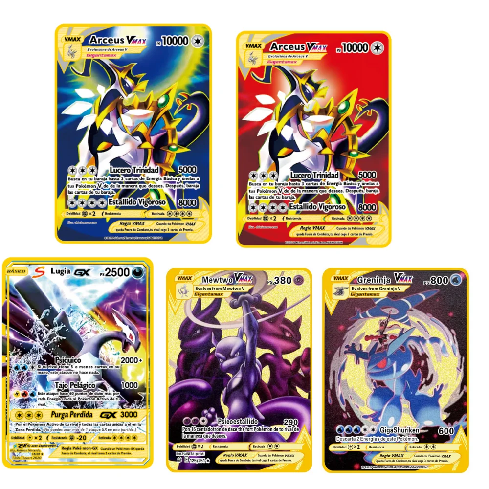 5PCS Pokemon Iron Cards Golden Metal Pokemon Shiny Letters Pikachu Mewtwo  Charizard Vmax Game Collection Card Anime Metal Gifts