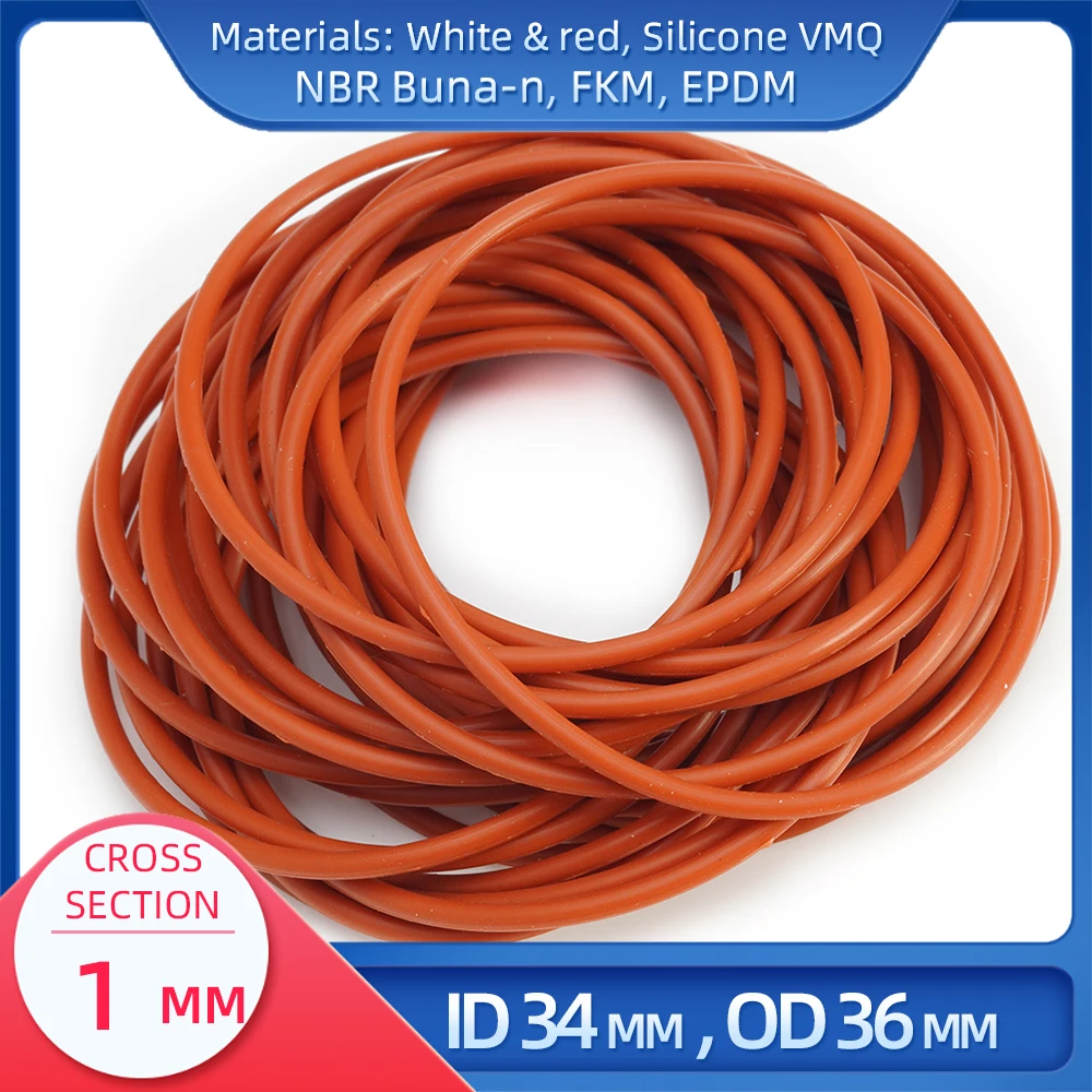 

O Ring CS 1mm ID 34mm OD 36mm Material With Silicone VMQ NBR FKM EPDM ORing Seal Gasket