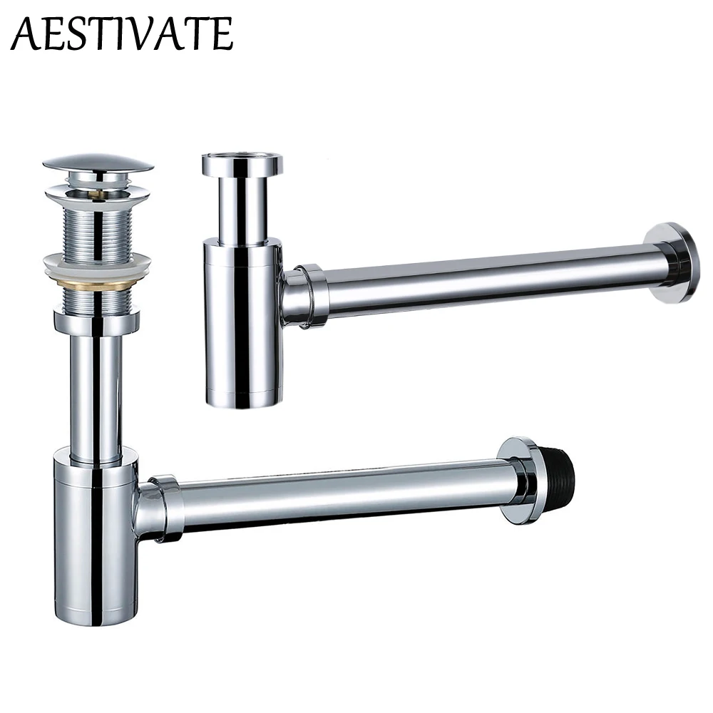 

Basin Bottle Trap Brass Bathroom Sink Siphon Drains With Pop Up Drain Chrome Plated P-TRAP Pipe Waste With Or Without Overflow