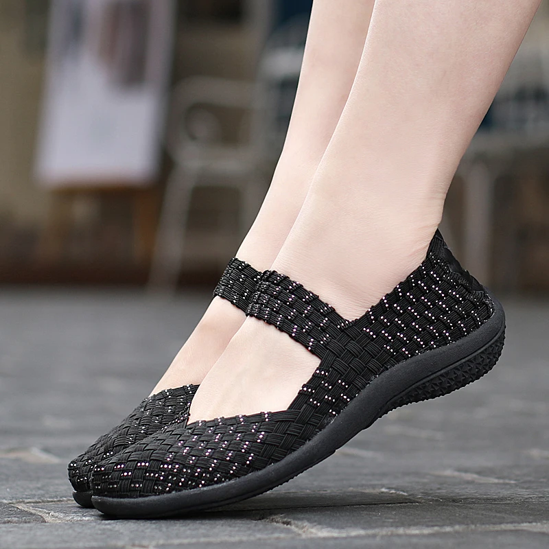 STRONGSHEN Summer Women Handmade Woven Slip-on Breathable Mesh Casual Shallow Flats Walking Sport Shoes Lady Tenis Plus Size 42 5