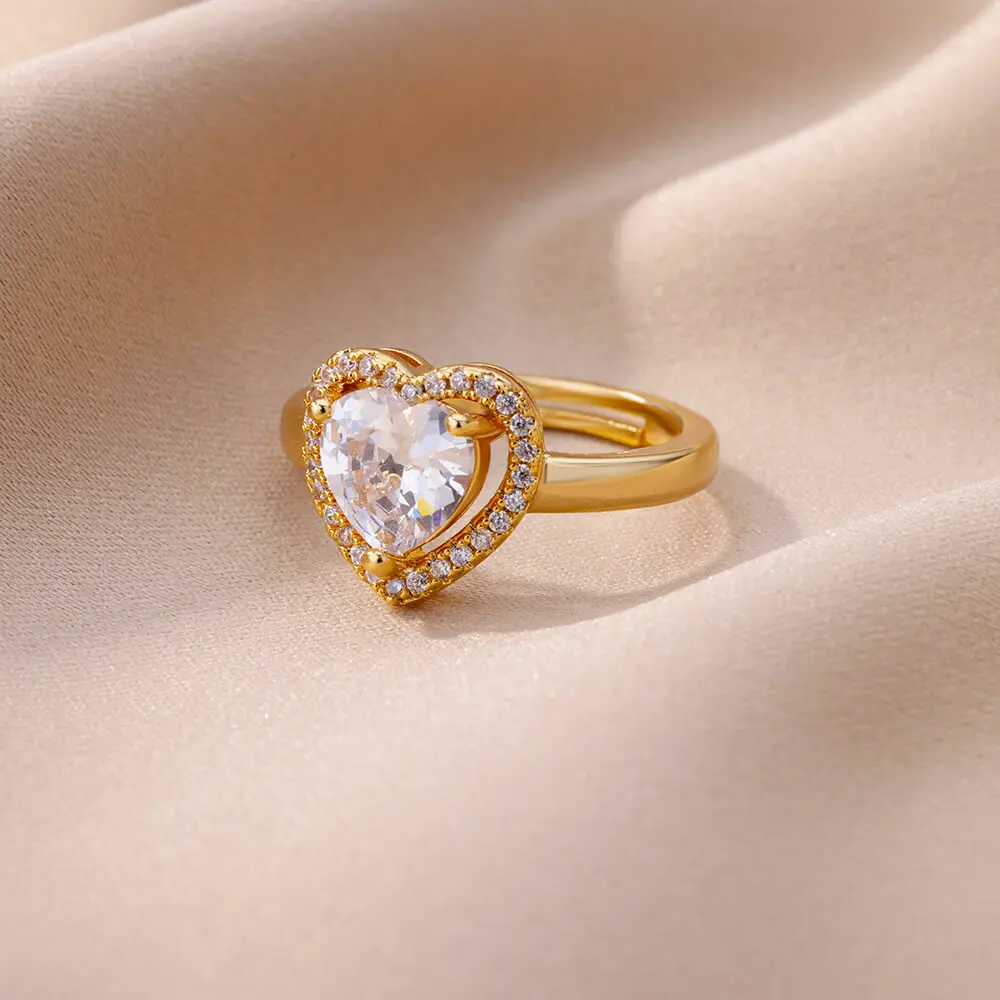 Stainless Steel Heart Rings Zircon Gold Color Adjustable Ring