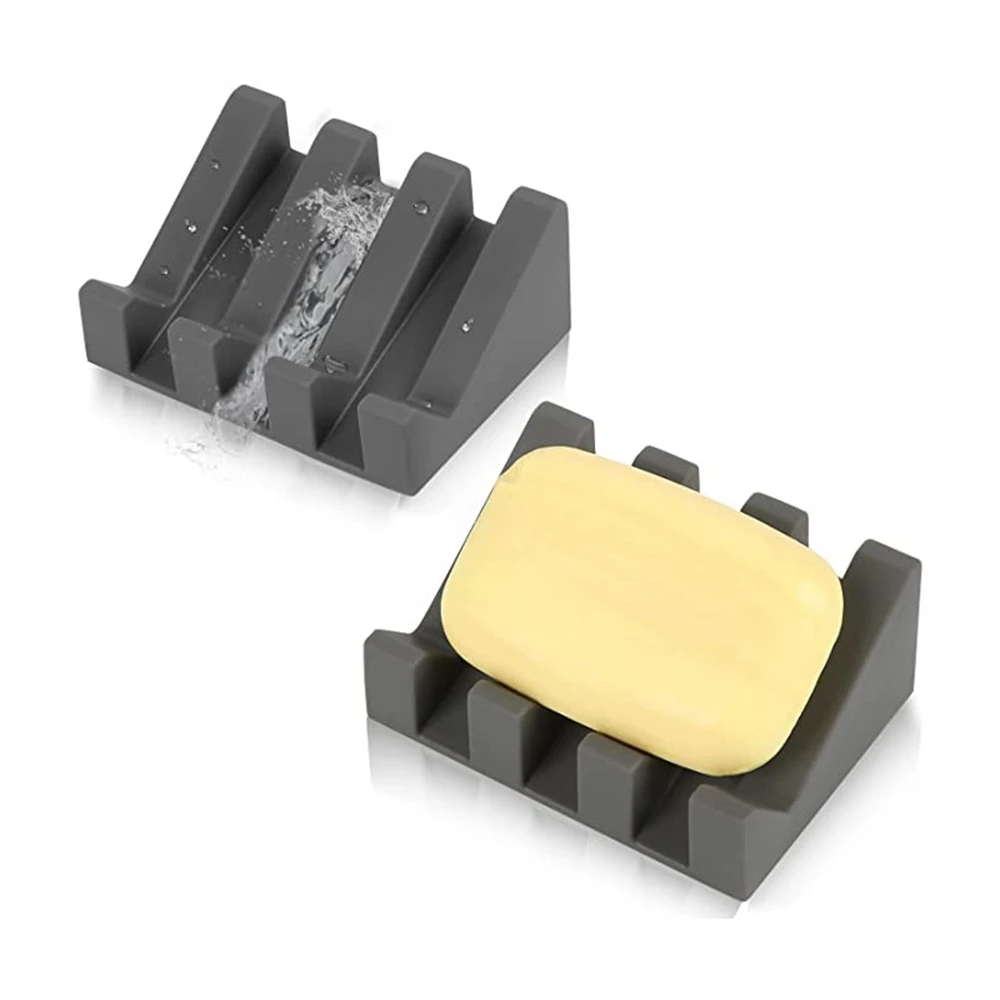 

2Pcs Silicone Soap Dish with Drain, Shower/Bathroom Soap Rack, Self Draining Waterfall Soap Tray/Kitchen Keeper(Gray)