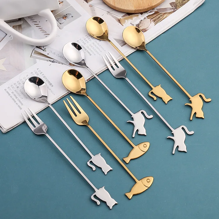 Japanese Cat Spoon Fork Cute Cartoon Cat Fish Coffee Spoon Creative Cake Dessert Fruit Fork