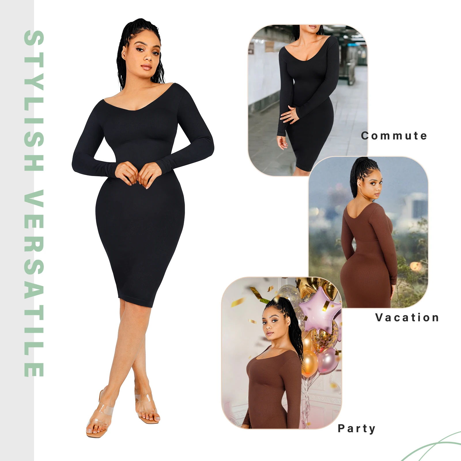 Description Picture 2 of itemNew Women Corset Shaping Bodysuit Reducing and Shaping Girdles Seamless V Neck Long Sleeve Shaper Dress Sexy Binders Shapewear