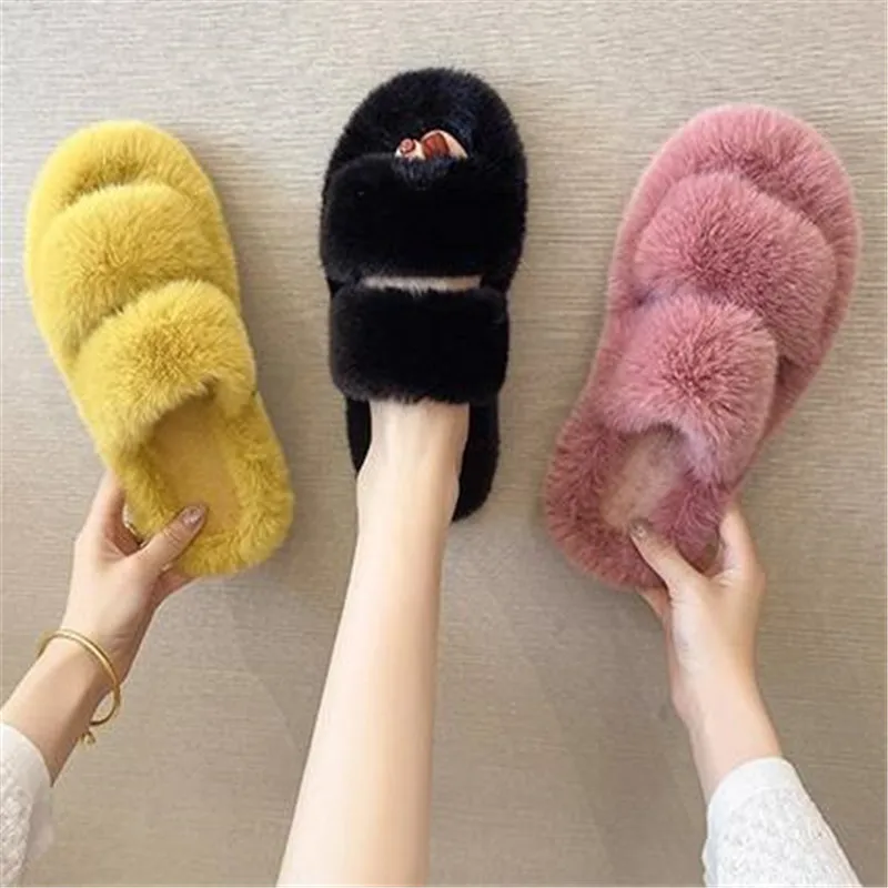 

Winter Women House Furry Slippers Fashion Faux Fur Warm Shoes Slip On Flats Female Home Slides Black Plush Indoor