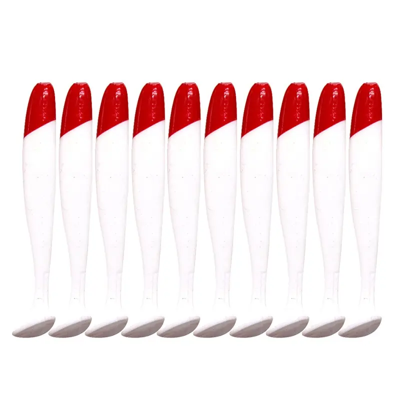 Leurre Souple T-tail Bionique 7 à 12 cm, Tête Rouge Corps Blanc, 10 Leurres par Sachet