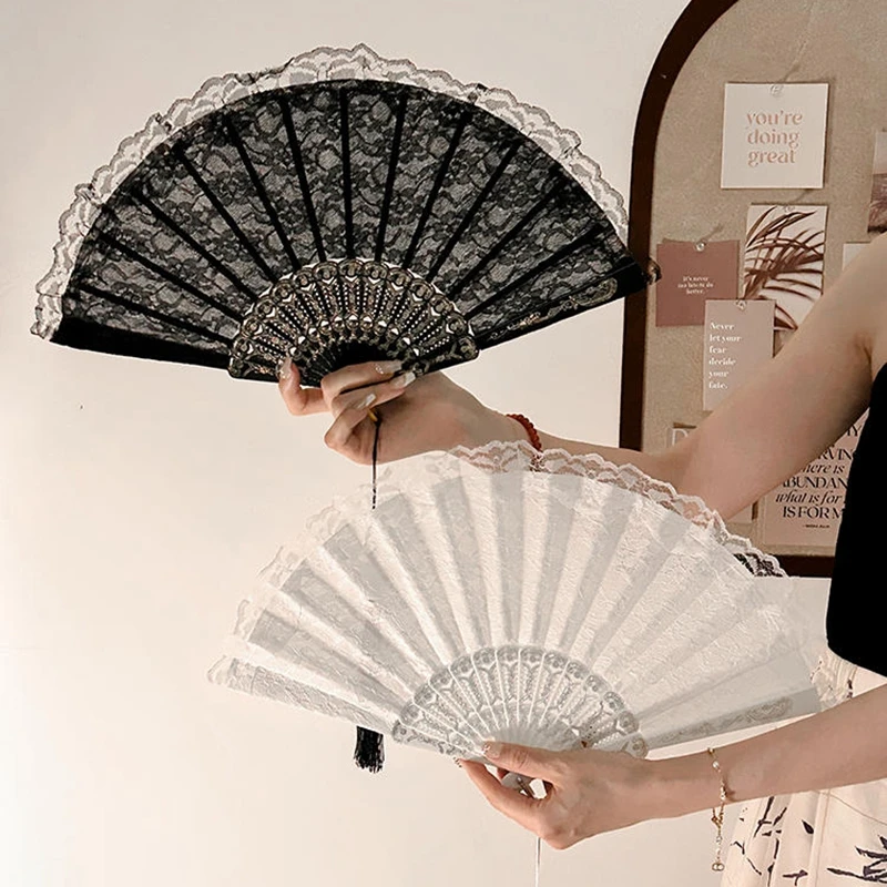 Folding Fan Lace Flower Decor Chinese Style Fan Hand Held Anitque Art Craft Japnese Summer Female Dance Home Party Decoration folding fan hand fan
