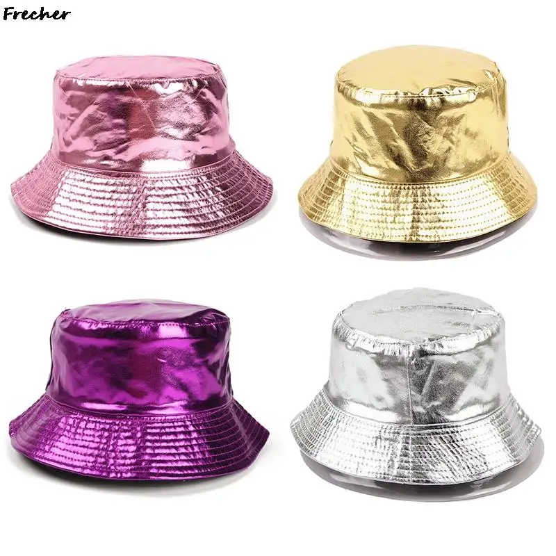 

Korean Style Sun Hat Bright Leather Bucket Hats Women Men Street Hip Hop Panama Caps Silver Golden Simple Cap Party Club Chapeau