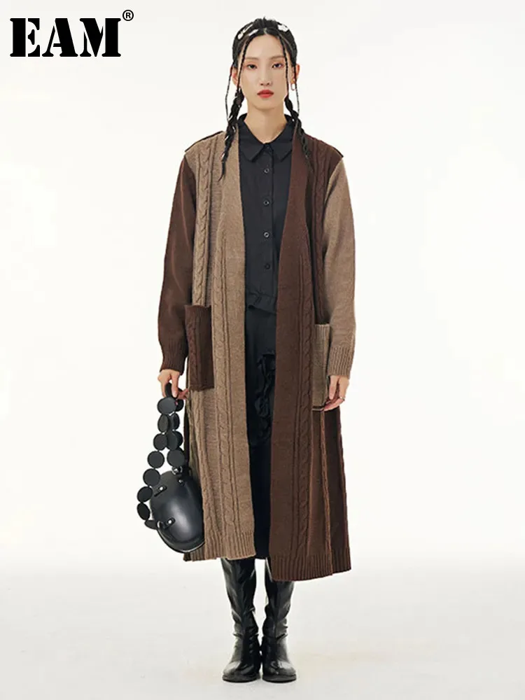 

[EAM] Coffee Color-block Big Size Knitting Cardigan Sweater V-Neck Long Sleeve Women New Fashion Tide Spring Autumn 2023 1DH1920