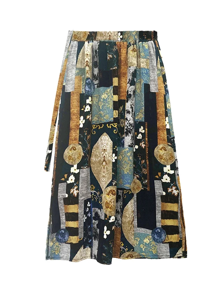 

Women's Summer High Waist Vintage Printed Contrast Skirt Long