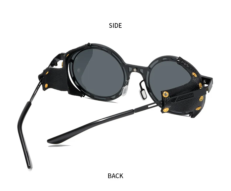 KEITHION  Men Steampunk Goggles Metal Sunglasses Women Retro Shades Fashion Leather With Side Shields Style Round Sun Glasses big frame sunglasses