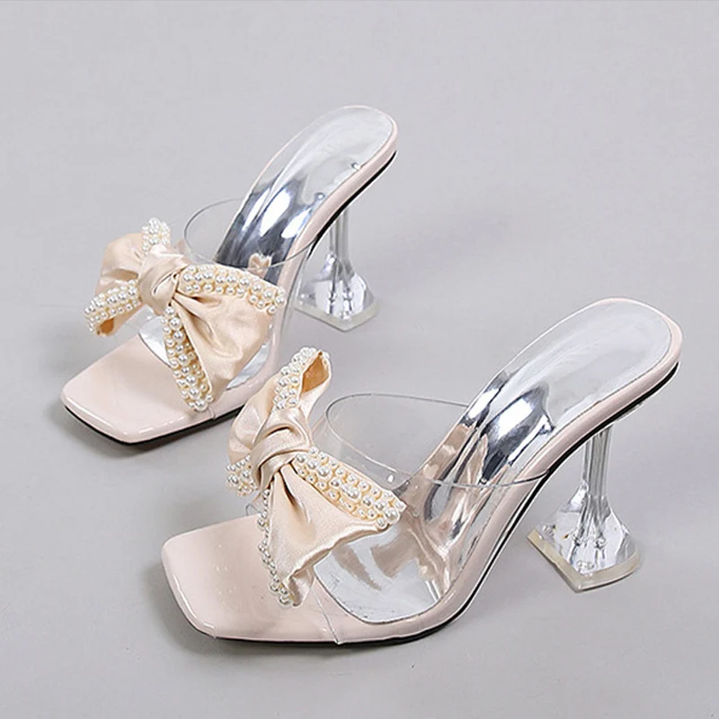 Liyke Pink Pearl Bowknot High Heel Mule Sandals