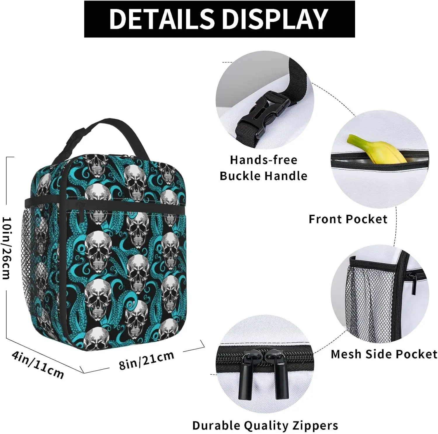 Octopus Sugar Funny Skull Halloween Insulated Lunch Box For Women Man, Portable Lunch Bag Reusable Cooler Tote For Office