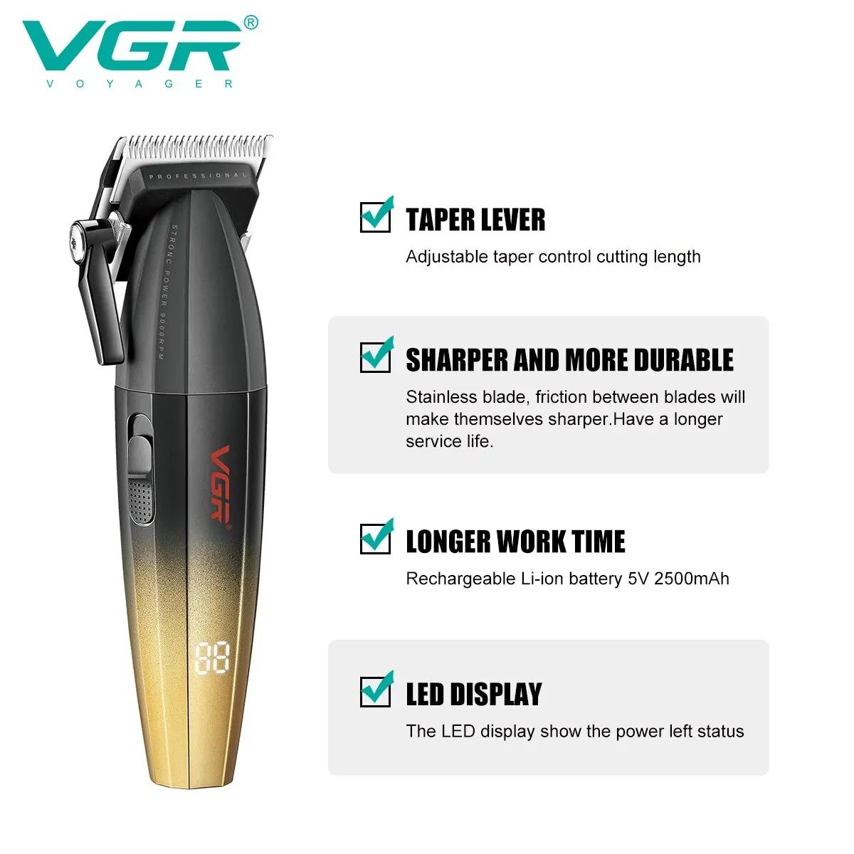 Vgr Tondeuse Professionele Trimmer Elektrische Tondeuses Draadloze Haarsnijmachine 9000Rpm Trimmer Clipper Voor Mannen V-003