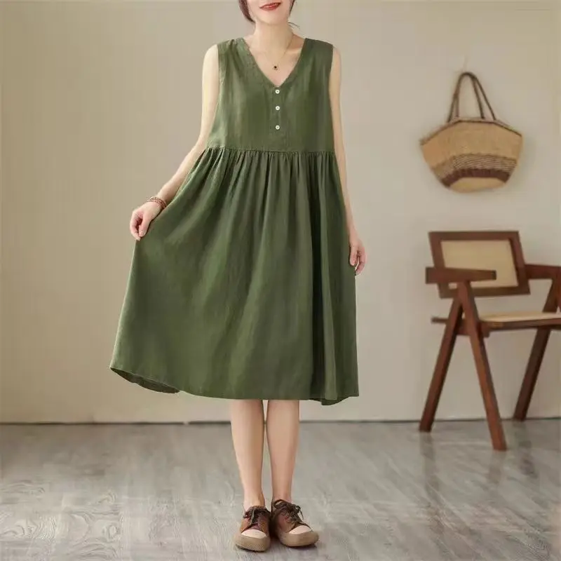 

Summer Pullover Women's Solid Button Shirring V-Neck Sleeveless Casual Loose Preppy Style Women's Clothing Vintage Dresses