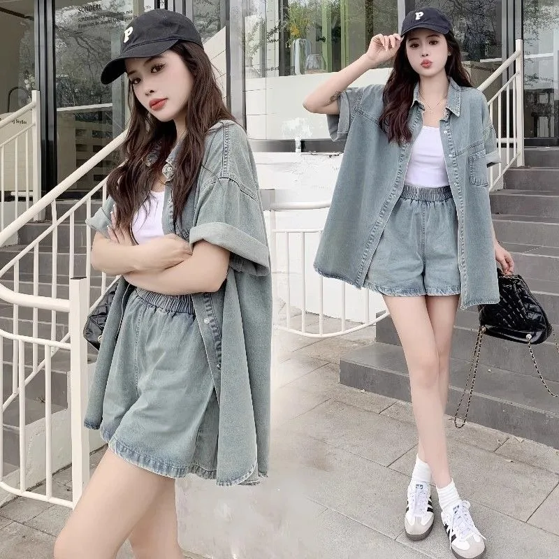 Women Shirt Shorts Two Pieces Suit Fashion Explosive Street Female Summer Leisure Loose Appear Thin Senior Retro Cowboy