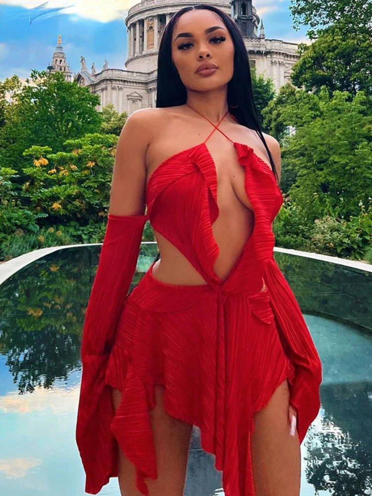 

Women Fashion Long Sleeve Halter Neck Cutout Irregular Big Swing Dress 2023 Sexy Party Evening Dresses