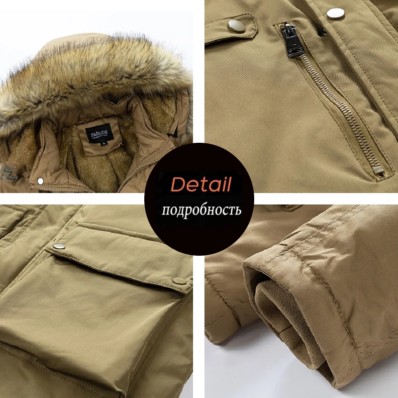 Winter Men Fleece Hooded Fur Collar Casual Jackets Coat Man Detachable Hat Multi Pocket Parkas Male Overcoat Outwear Windbreaker