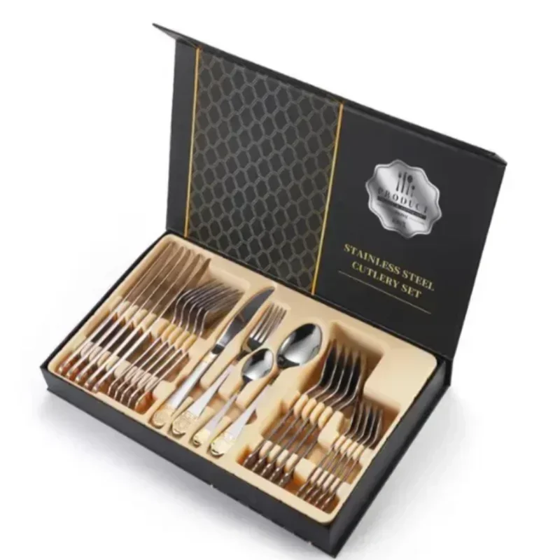 24 pçs talheres de ouro luz especular aço inoxidável bife faca garfo colher colher de chá luxo restaurante conjunto de talheres com caixa de presente - AliExpress