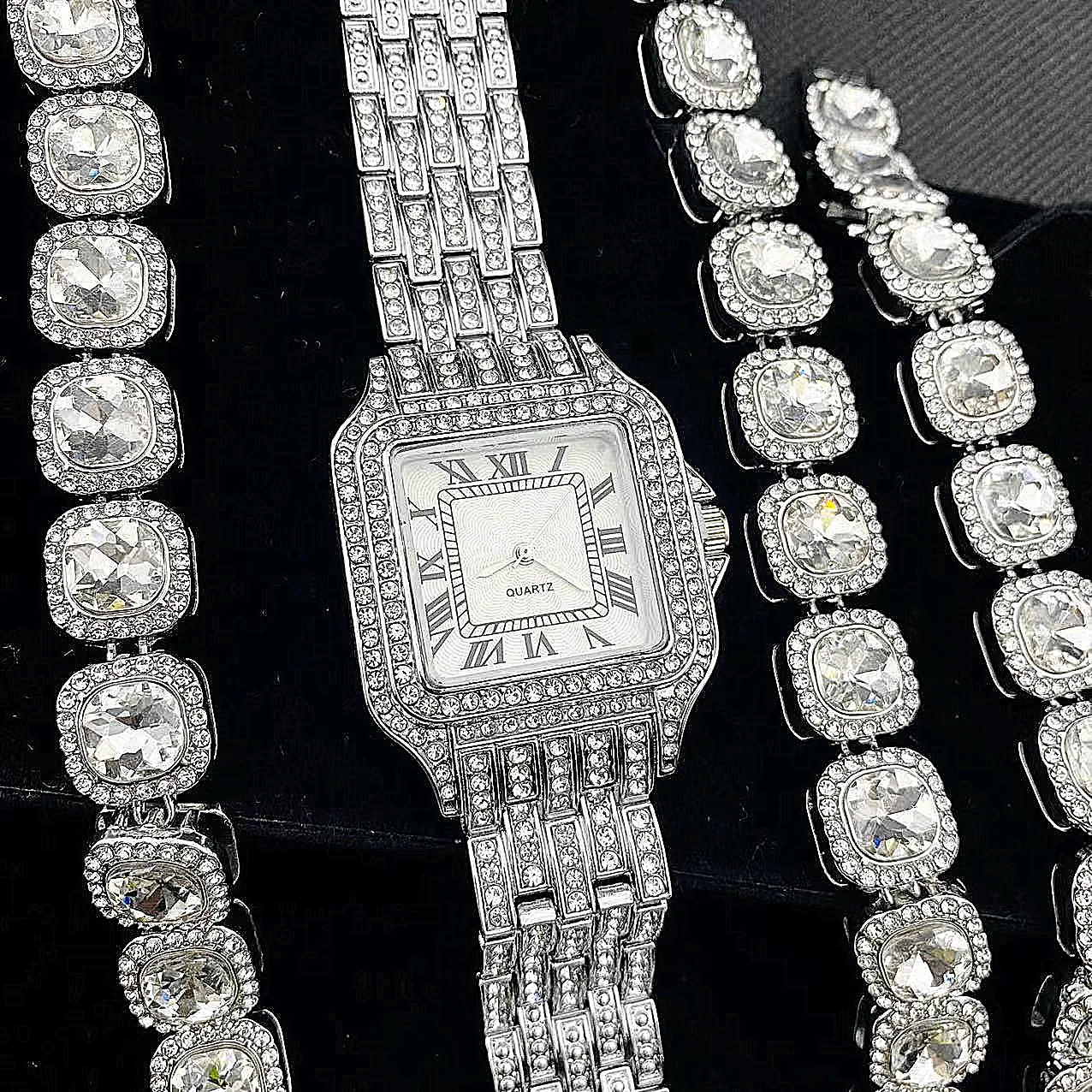 Luxury Iced Out Watches for Women Gold Watch Sliver Chain Bracelet Necklace Bling Bling CZ Jewelry Women Watch Set gifts Relojes