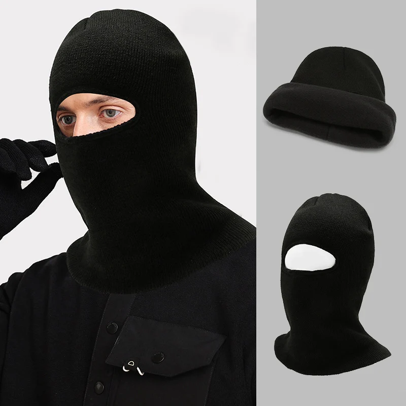 New Black Winter Plush Balaclava Hat Men Outdoor Full Face Cover Mask Beanies Outdoor Riding Ski Ear Protection Knitted Cap